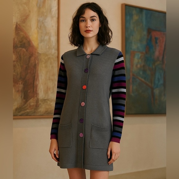 Bob Mackie Dresses & Skirts - Bob Mackie Wearable Art Longline Cardigan Sweater Dress L Gray Artsy Colorful